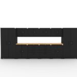 CAT fully-welded garage cabinetry set with 2 lockers, 4 wall cabinets, 2 base cabinets, 2 tool cabinets and dual 56 inch tops