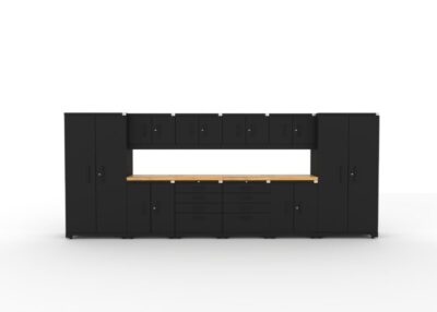 CAT fully-welded garage cabinetry set with 2 lockers, 4 wall cabinets, 2 base cabinets, 2 tool cabinets and dual 56 inch tops