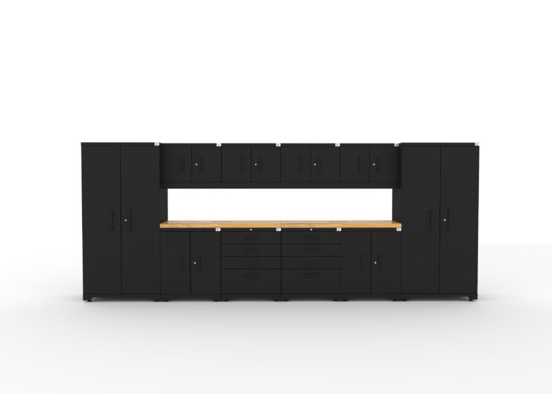 CAT fully-welded garage cabinetry set with 2 lockers, 4 wall cabinets, 2 base cabinets, 2 tool cabinets and dual 56 inch tops