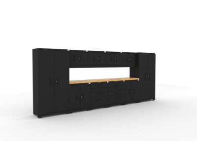 CAT garage storage cabinet set with 4 lockers, 4 wall cabinets, 4 base cabinets and 84 inch worktop
