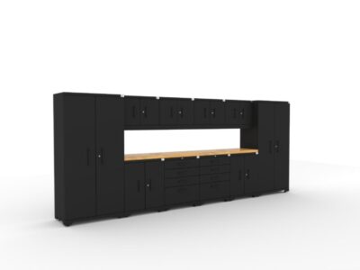 CAT garage storage cabinet set with 4 lockers, 4 wall cabinets, 4 base cabinets and 84 inch worktop
