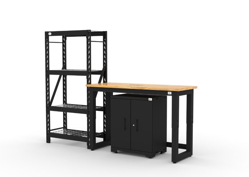 CAT FWSETE left CAT garage storage cabinet set with 1 shelving unit, 1 base cabinet and 48 inch workbench