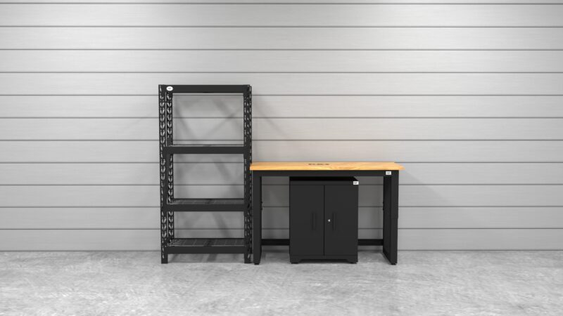 CAT FWSETE lifestyle CAT garage storage cabinet set with 1 shelving unit, 1 base cabinet and 48 inch workbench