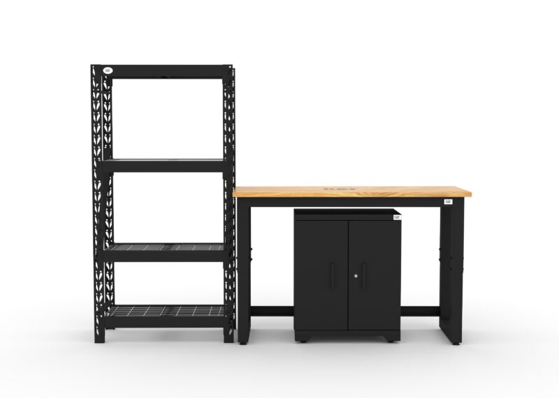 CAT FWSETE main CAT garage storage cabinet set with 1 shelving unit, 1 base cabinet and 48 inch workbench