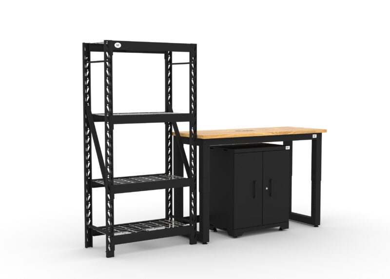CAT FWSETE right CAT garage storage cabinet set with 1 shelving unit, 1 base cabinet and 48 inch workbench