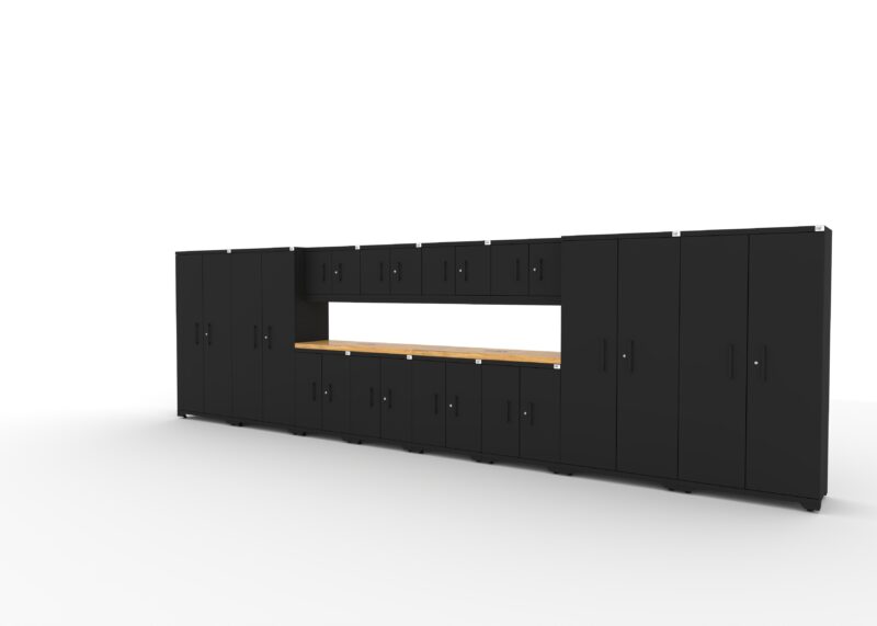 CAT garage storage cabinet set with 4 lockers, 4 wall cabinets, 4 base cabinets and 84 inch worktop