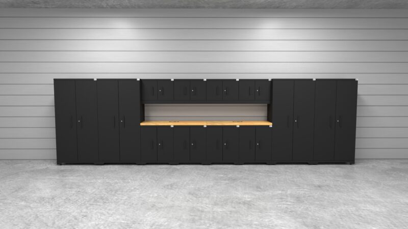 CAT garage storage cabinet set with 4 lockers, 4 wall cabinets, 4 base cabinets and 84 inch worktop