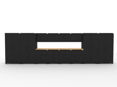 CAT garage storage cabinet set with 4 lockers, 4 wall cabinets, 4 base cabinets and 84 inch worktop