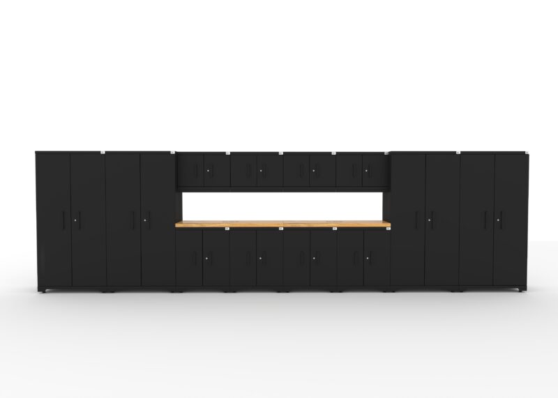 CAT garage storage cabinet set with 4 lockers, 4 wall cabinets, 4 base cabinets and 84 inch worktop