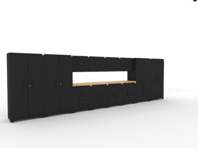CAT garage storage cabinet set with 4 lockers, 4 wall cabinets, 4 base cabinets and 84 inch worktop