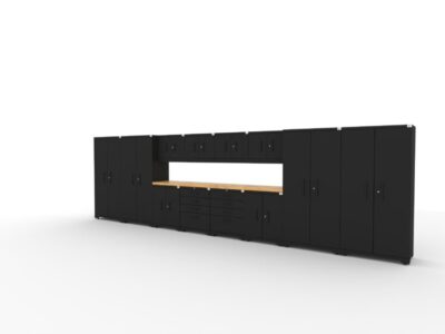 CAT fully-welded garage cabinetry set with 4 lockers, 4 wall cabinets, 2 base cabinets, 2 tool cabinets and dual 56 inch tops