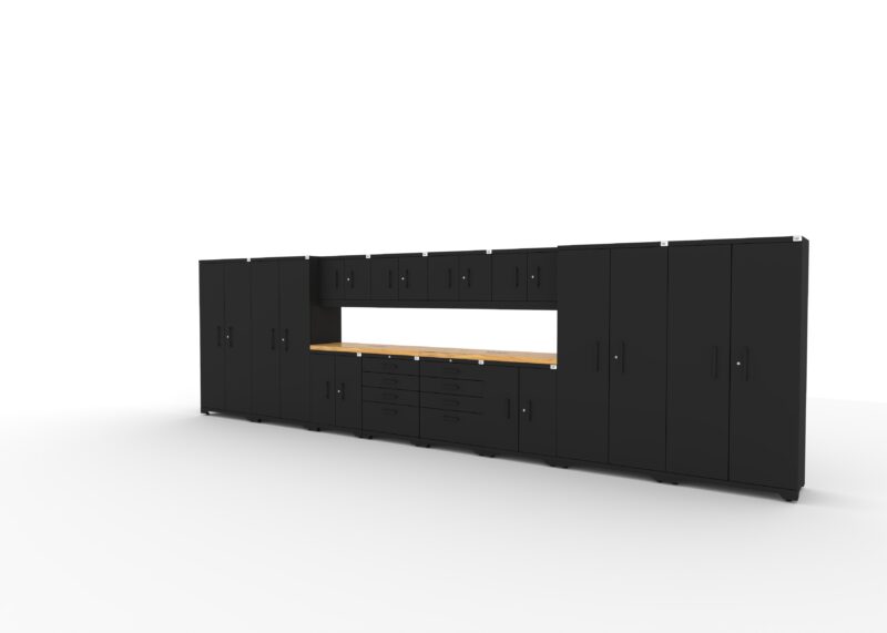 CAT fully-welded garage cabinetry set with 4 lockers, 4 wall cabinets, 2 base cabinets, 2 tool cabinets and dual 56 inch tops
