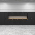 Ensemble d'armoires de garage CAT entièrement soudées avec 4 casiers, 4 armoires murales, 2 armoires basses, 2 armoires à outils et double dessus de 56 pouces