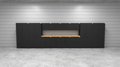 Ensemble d'armoires de garage CAT entièrement soudées avec 4 casiers, 4 armoires murales, 2 armoires basses, 2 armoires à outils et double dessus de 56 pouces