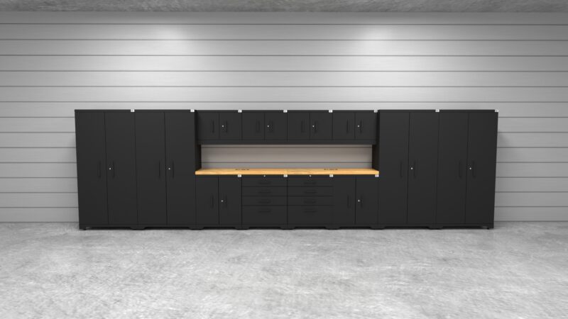 CAT fully-welded garage cabinetry set with 4 lockers, 4 wall cabinets, 2 base cabinets, 2 tool cabinets and dual 56 inch tops