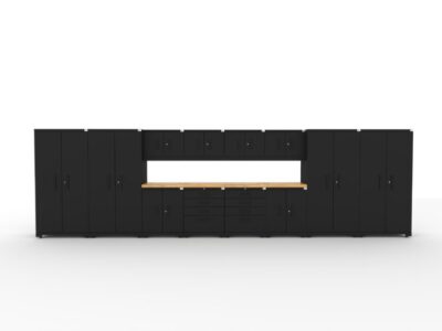 CAT fully-welded garage cabinetry set with 4 lockers, 4 wall cabinets, 2 base cabinets, 2 tool cabinets and dual 56 inch tops