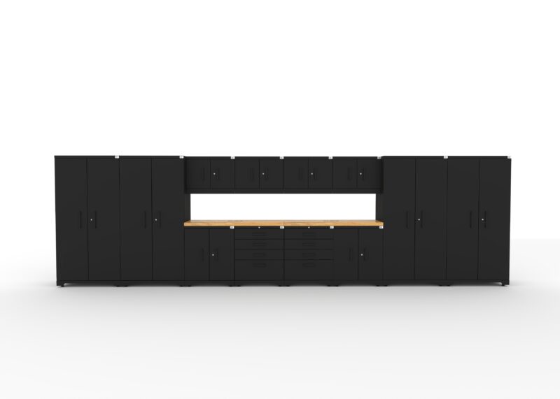 CAT fully-welded garage cabinetry set with 4 lockers, 4 wall cabinets, 2 base cabinets, 2 tool cabinets and dual 56 inch tops