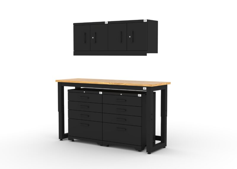 CAT garage storage cabinet set with 2 wall cabinets, 2 tool cabinets and 72 inch workbench