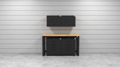 CAT garage storage cabinet set with 2 wall cabinets, 2 tool cabinets and 72 inch workbench