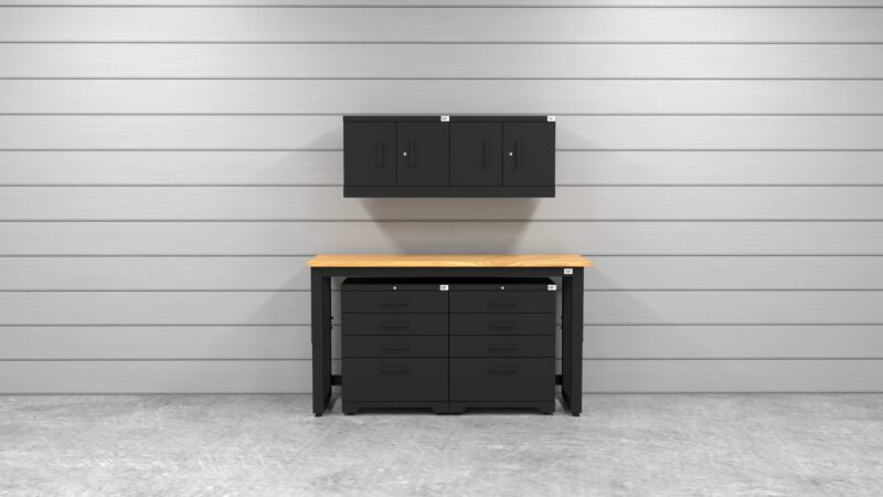 CAT garage storage cabinet set with 2 wall cabinets, 2 tool cabinets and 72 inch workbench