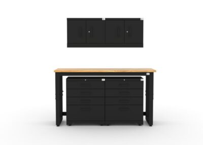 CAT garage storage cabinet set with 2 wall cabinets, 2 tool cabinets and 72 inch workbench