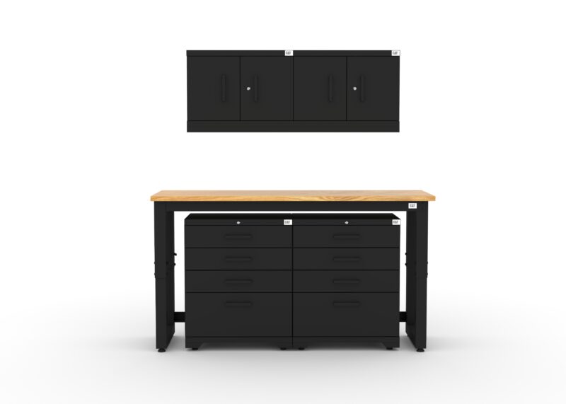 CAT garage storage cabinet set with 2 wall cabinets, 2 tool cabinets and 72 inch workbench