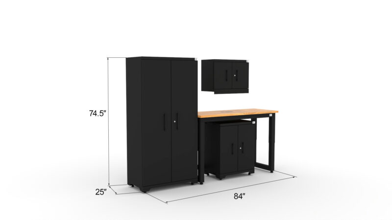 CAT FWSETI dims CAT garage storage cabinet set with 1 locker, 1 wall cabinet, 1 base cabinet and 48 inch workbench