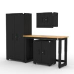 CAT garage storage cabinet set with 1 locker, 1 wall cabinet, 1 base cabinet and 48 inch workbench