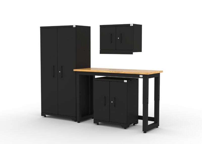 CAT FWSETI left CAT garage storage cabinet set with 1 locker, 1 wall cabinet, 1 base cabinet and 48 inch workbench