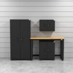 CAT garage storage cabinet set with 1 locker, 1 wall cabinet, 1 base cabinet and 48 inch workbench