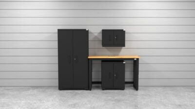 CAT garage storage cabinet set with 1 locker, 1 wall cabinet, 1 base cabinet and 48 inch workbench