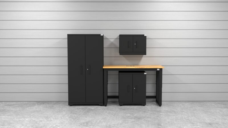 CAT FWSETI lifestyle CAT garage storage cabinet set with 1 locker, 1 wall cabinet, 1 base cabinet and 48 inch workbench