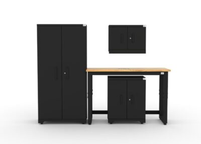 CAT garage storage cabinet set with 1 locker, 1 wall cabinet, 1 base cabinet and 48 inch workbench
