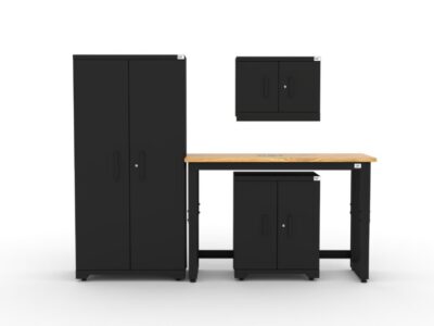 CAT garage storage cabinet set with 1 locker, 1 wall cabinet, 1 base cabinet and 48 inch workbench