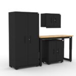 CAT garage storage cabinet set with 1 locker, 1 wall cabinet, 1 base cabinet and 48 inch workbench