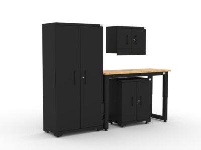CAT garage storage cabinet set with 1 locker, 1 wall cabinet, 1 base cabinet and 48 inch workbench