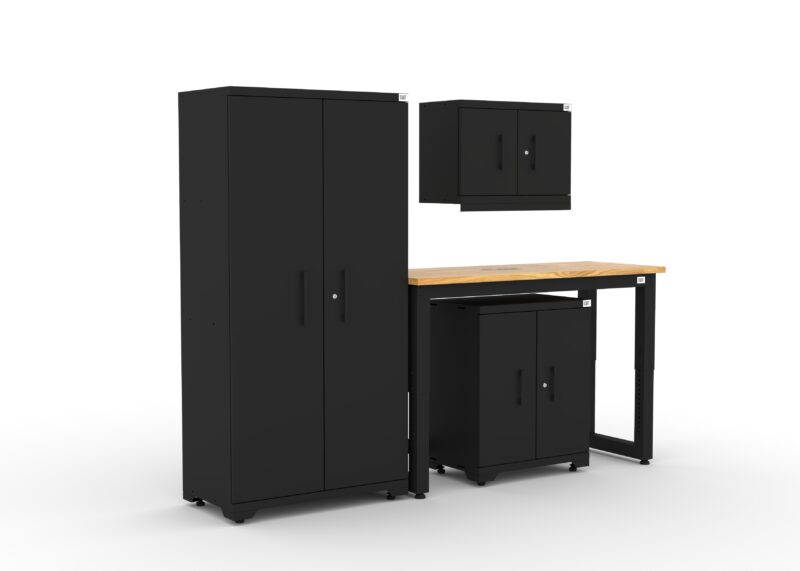 CAT FWSETI right CAT garage storage cabinet set with 1 locker, 1 wall cabinet, 1 base cabinet and 48 inch workbench