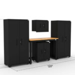 CAT garage storage cabinet set with 2 lockers, 1 wall cabinet, 1 base cabinet and 48 inch workbench