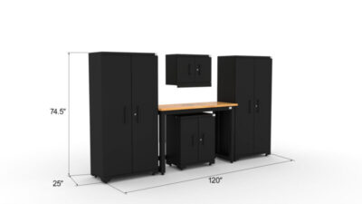 CAT garage storage cabinet set with 2 lockers, 1 wall cabinet, 1 base cabinet and 48 inch workbench