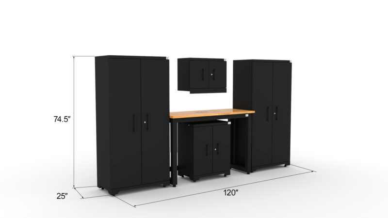 CAT FWSETJ dims CAT garage storage cabinet set with 2 lockers, 1 wall cabinet, 1 base cabinet and 48 inch workbench