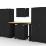 CAT garage storage cabinet set with 2 lockers, 1 wall cabinet, 1 base cabinet and 48 inch workbench