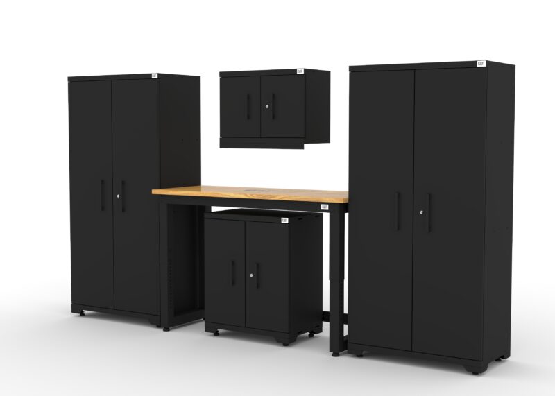 CAT FWSETJ left CAT garage storage cabinet set with 2 lockers, 1 wall cabinet, 1 base cabinet and 48 inch workbench