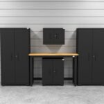 CAT garage storage cabinet set with 2 lockers, 1 wall cabinet, 1 base cabinet and 48 inch workbench