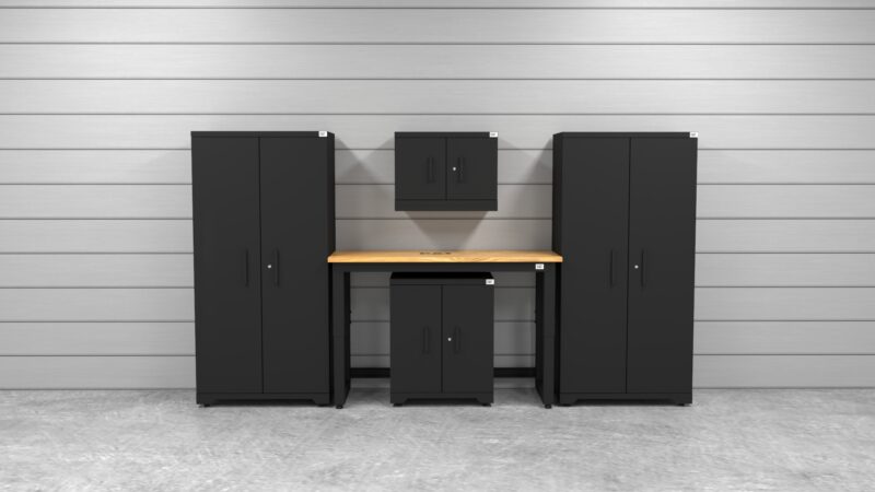 CAT FWSETJ lifestyle CAT garage storage cabinet set with 2 lockers, 1 wall cabinet, 1 base cabinet and 48 inch workbench