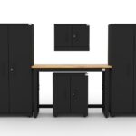 CAT garage storage cabinet set with 2 lockers, 1 wall cabinet, 1 base cabinet and 48 inch workbench