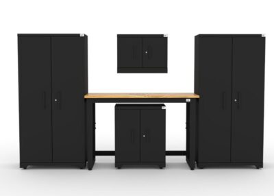 CAT garage storage cabinet set with 2 lockers, 1 wall cabinet, 1 base cabinet and 48 inch workbench