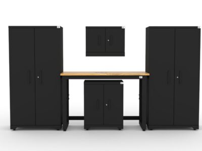 CAT garage storage cabinet set with 2 lockers, 1 wall cabinet, 1 base cabinet and 48 inch workbench