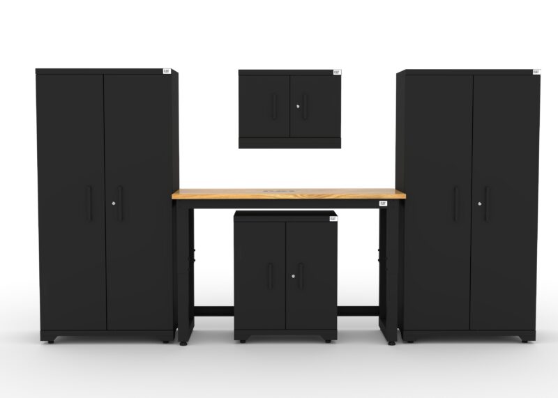 CAT FWSETJ main CAT garage storage cabinet set with 2 lockers, 1 wall cabinet, 1 base cabinet and 48 inch workbench