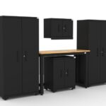 CAT garage storage cabinet set with 2 lockers, 1 wall cabinet, 1 base cabinet and 48 inch workbench