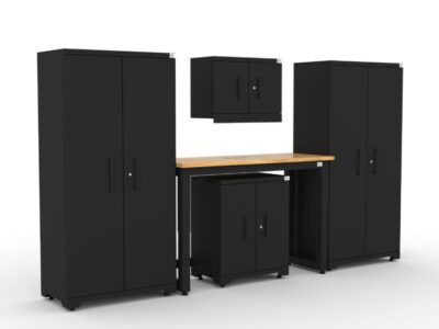 CAT garage storage cabinet set with 2 lockers, 1 wall cabinet, 1 base cabinet and 48 inch workbench